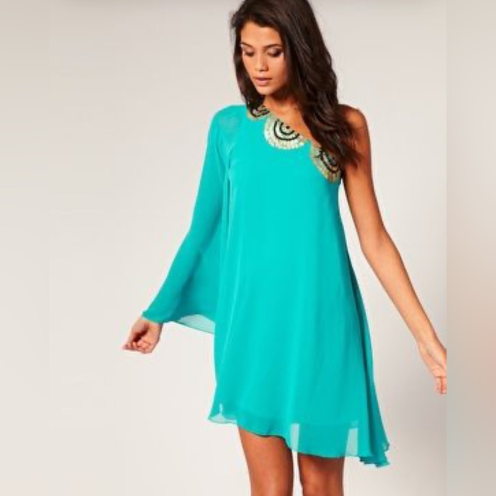 Bisou Bisou Teal Dress with Embellished Neckline US Size 4